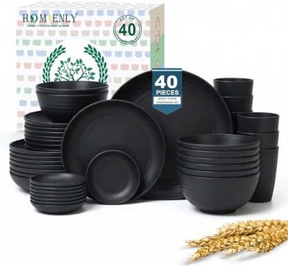 Homienly Plates and Bowls Sets, 40-Piece Modern Wheat Straw Dinnerware Sets for 8 Unbreakable Kitchen Dinner Set Microwave and Dishwasher Safe Dishes Set for Apartment, Party, Outdoor, RV (Black)