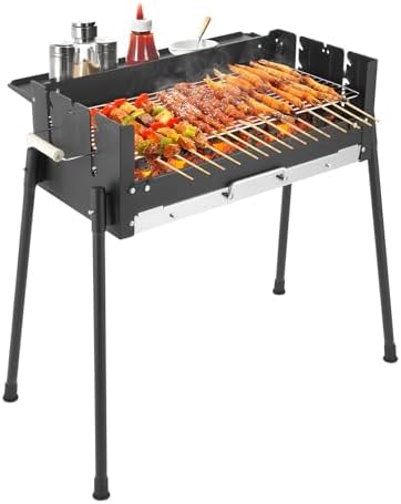 Portable Charcoal Grill, Folding BBQ Grill with 3 Adjustable Height Levels & Side Table, Stainless Steel & Iron Outdoor Grill for Camping, Tailgating, Backyard, Picnic, Fits 3-8 People 25.79" x 11.42"