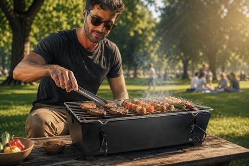 Foldable Portable Charcoal Grill, 1-Minute Quick Setup Camping BBQ with Storage Bag, Lightweight Tabletop Grill for Picnic, Backyard, Beach and Travel