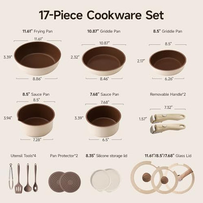 17-Piece RV Pots and Pans Set with Detachable Handle for Camper