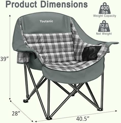 Youtanic Oversized Large Padded Camping Chair, 400 lbs Foldable Lawn Chair