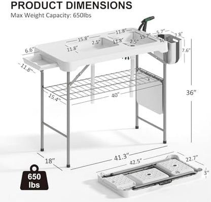 42.5" Fish Cleaning Table with Dual Sink, Portable Folding Camping Table with Faucet, Sprayer, Grid Rack, Hose Hook Up & Knife Groove, Outdoor Sink Station for Picnic Beach Patio