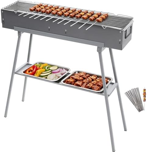 Portable Charcoal Grill with 36Pcs 14" Stainless Steel Skewers, Heavy Duty BBQ Grill with Folding Legs & 31.6x7.1" Cooking Area, Kebab Grill for Outdoor, Camping, Party, Backyard & Picnic