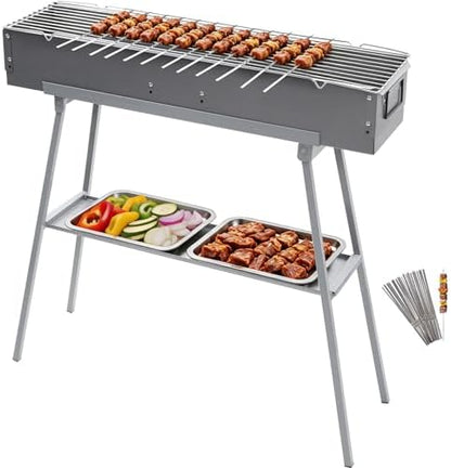 Portable Charcoal Grill with 36Pcs 14" Stainless Steel Skewers, Heavy Duty BBQ Grill with Folding Legs & 31.6x7.1" Cooking Area, Kebab Grill for Outdoor, Camping, Party, Backyard & Picnic