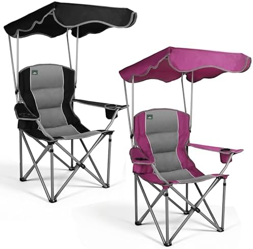 Northroad 2 Pack Folding Camping Chairs with Canopy Shade, Beach Chair with Cup Holders, Phone Holder, Armrests & Carry Bag for Outdoors Travel Sports Fishing, Black & Purple