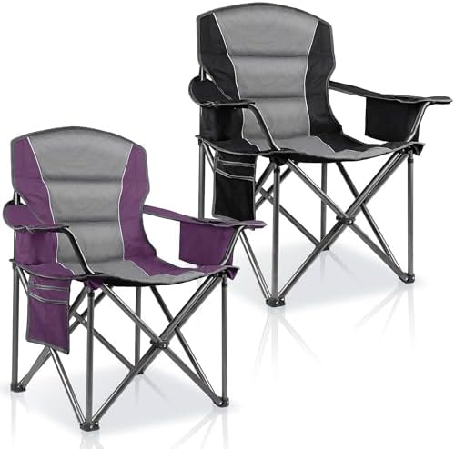 2 Pack Padded Oversized Camping Chairs for Adults,Heavy Duty Support 400 Lbs,Folding Portable Lawn Chair w/Cup Holder,Cooler Bag,Side Pocket,Perfect for Outdoor Picnic,Hiking(Purple&Black)