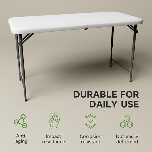 Folding Table 4 Foot - 3-Position Adjustable Height, Heavy Duty 400 lbs Capacity - Portable Tables Folding for Camping, Party, Indoor & Outdoor Use, 2 Pack