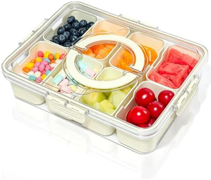 HRXFOZ Divided Serving Tray with Lid and Handle,8 Compartments Snacks Box,Snack Fruit and Veggie Tray,Portable Platter for Candy Fruits Nuts Snack Party Entertaining Picnic (1 PCS)