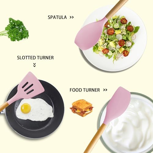 MIBOTE Silicone Cooking Kitchen Utensils Set, Wooden Handle, Pinky