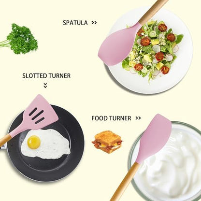 MIBOTE Silicone Cooking Kitchen Utensils Set, Wooden Handle, Pinky