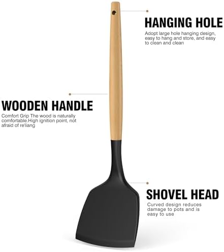 oannao Silicone Cooking Utensils Set Utensil Sets - 446°F Heat Resistant Silicone Kitchen Utensils Set Wooden Handles, Silicone Utensils for Cooking w Holder for Non-Stick Cookware BPA FREE (Black)