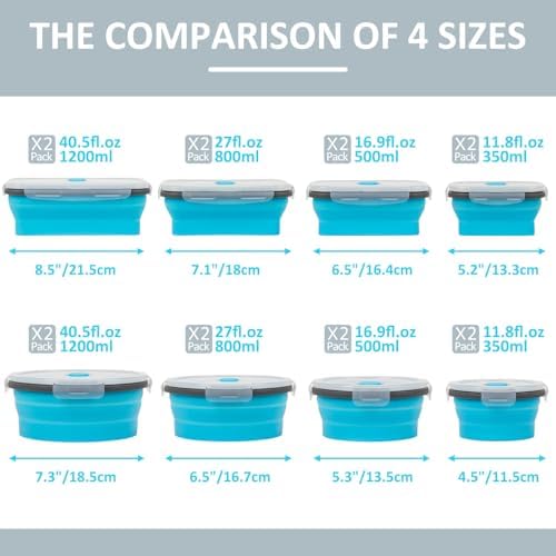 Collapsible Silicone Food Storage Containers Set with Lid & Air Vent, Foldable Lunch Containers, 16 Pack (8 Rectangular + 8 Round Bowls), BPA-Free, Space-Saving