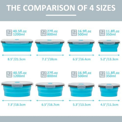 Collapsible Silicone Food Storage Containers Set with Lid & Air Vent, Foldable Lunch Containers, 16 Pack (8 Rectangular + 8 Round Bowls), BPA-Free, Space-Saving