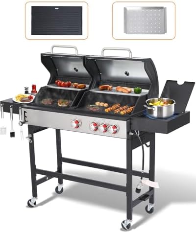 2-in-1 Propane Gas & Charcoal Grill with Griddle & Side Burner