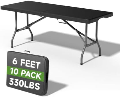 Heavy Duty Folding Table, Sturdy Portable Foldable Table with Safety Lock, Indoor Outdoor Use for Camping Party, 6/8 Foot (Standard, Black, 6FT-10 Pack)