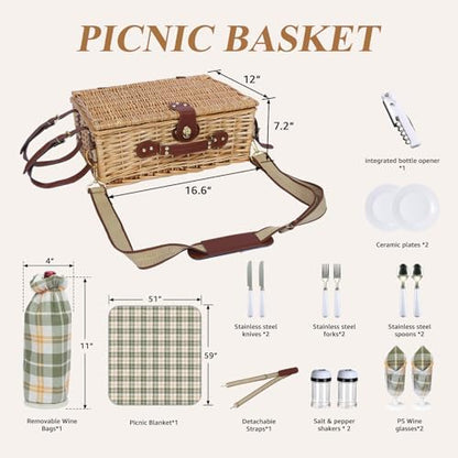 Picnic Basket for 2 with Blanket and Wine Pouch for Couples