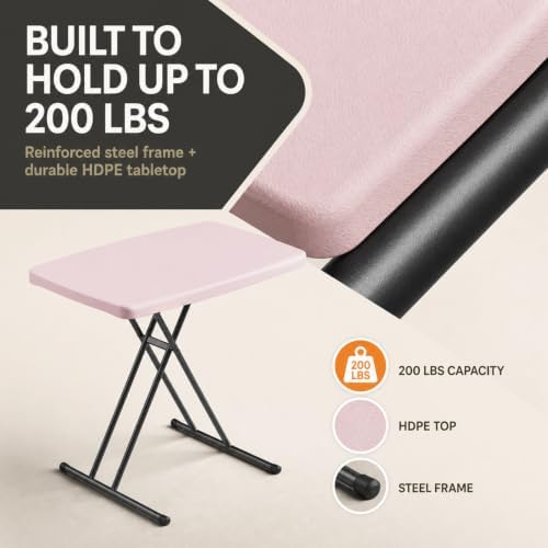 Folding Table, 30 Inch TV Tray with 3 Levels Adjustable Height, Heavy Duty No Assembly Foldable Small Table for Eating or Working on Couch, Living Room, Office, Indoor and Outdoor Use(Pink)
