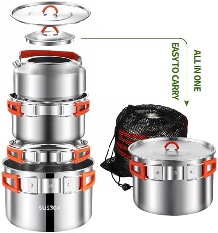Camping Cooking Set 304 Stainless Steel Camping Pots and Pans Set