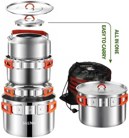 Camping Cooking Set 304 Stainless Steel Camping Pots and Pans Set