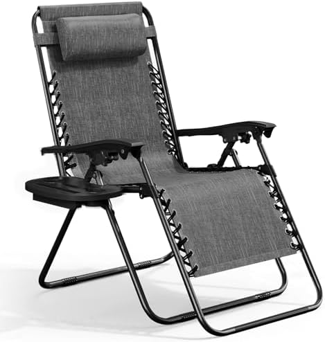 Nestl Zero Gravity Chairs, Portable Patio Lounge Chair Outdoor with Pillows & Cup Holder Trays, Adjustable Steel Mesh Reclining Camping Chair, Folding Patio Lawn Chair for Deck, Beach, Yard - Grey