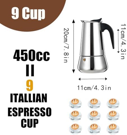9 Cup Stovetop Espresso Maker Stainless Steel Moka Pot Stove Top Percolator Italian Coffee Makers Capable Mocha Greca Machine Cafe Classic Induction Cookers for Home and Camping 450ml 15oz