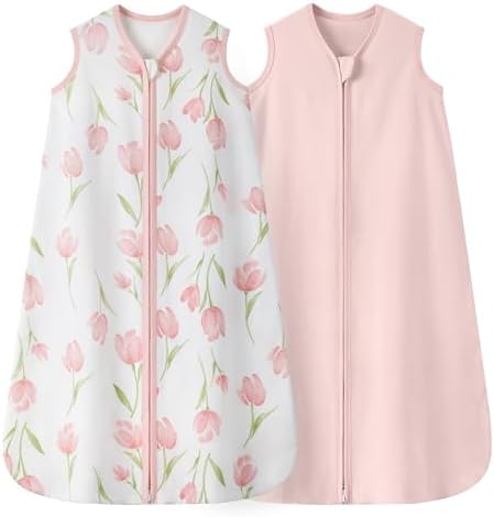 Baby Sleep Sack 6-12 Months 0.5 TOG, 100% Cotton Baby Wearable Blanket 2 Pack with 2-Way Zipper, Lightweight Sleep Bag for Boys ＆ Girls Newborn Infant Breathable Sleeing Sack Pink Tulip