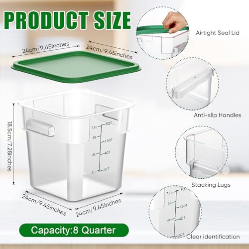 FoldTier 2 Pieces Square Food Storage Containers Polycarbonate Clear Food Container with Lid Commercial Food Storage with Graduations for Commercial Kitchen Dough Marinating Meat(Green, 8 Qt)