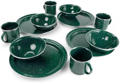 GSI Outdoors Pioneer Enamel 12 Pieces (4-Person) Dish Set I Enamelware Dishes Including Plates, Bowls and Mugs for Camping, Outdoors, RV, Camp, Green