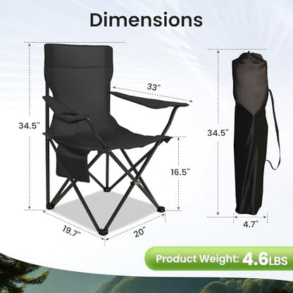 SUNW 2 Pack Folding Camping Chair, 300lbs Steel Frame Outdoor Chair with Cup Holder & Side Pocket for Camping Hiking Picnic Beach, Black