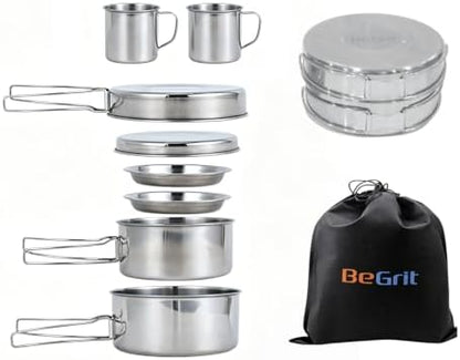 BeGrit Stainless Steel Camping Cookware Pot and Pan Set for Backpacking