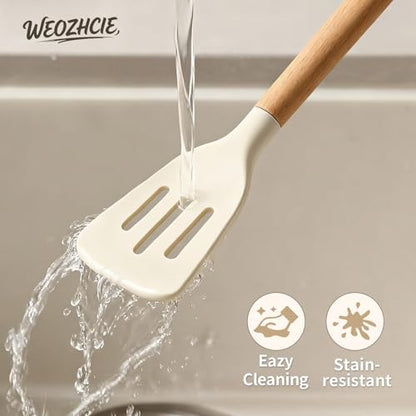 Silicone Cooking Utensil Set,12 PCS Cooking Cookware Kitchen Utensils Set for Cooking, Nonstick 446°F Heat-Resistant Cookware Kitchen Tools of Spoon,Brush,Whisk,Spatula,Turner Tongs (Khaki)