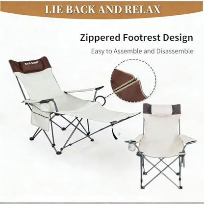 2 Pack Adjustable Folding Camping Chairs with Detachable Footrest and Headrest, Lightweight and Portable, Ideal for Hiking, Travel, Fishing and Outdoor Activities (Beige)