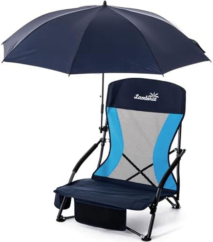 Lamberia Folding Beach Chair with Umbrella for Adults, Portable Low Beach Chairs with 300lbs Capacity, Lightweight Fodable Camping Chair for Travel, Picnic, Concert & Outdoor Activities, Navy Blue