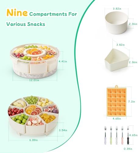 Divided Serving Tray with Lid and Handle, Rounded Snackle Box with 9 Compartments and Chill Base for Fruits, Candy, Veggie, Travel Snack Container with Portable Insulated Bag & Ice Cube Tray & 5 Forks