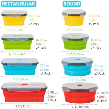 Collapsible Food Storage Containers with Lid & Air Vent, 16 Pack, 8 Rectangular + 8 Round, Annaklin Foldable Silicone Lunch Containers Collapsible Bowls Set, Microwave Freezer Dishwasher Safe, 4-Color