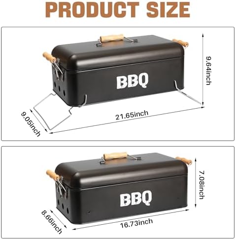 Tabletop Charcoal Grill with Locking Lid & Handles, 16.5" x 9" Travel Size