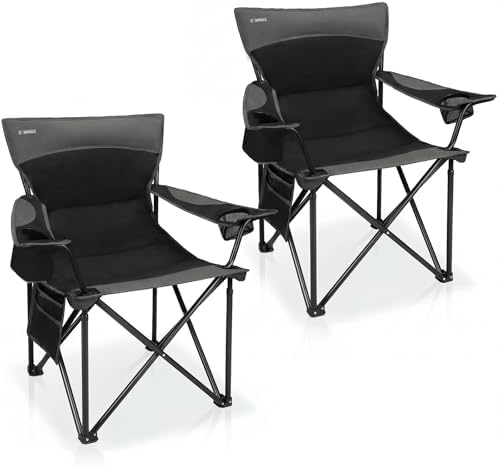 Oversized Camping Chair for Adults - 2 Pack Padded Lawn Chairs with Cup Holder & Side Pocket,Heavy Duty Folding Outdoor Chairs for Camp,Sports,Picnic,Beach,Black
