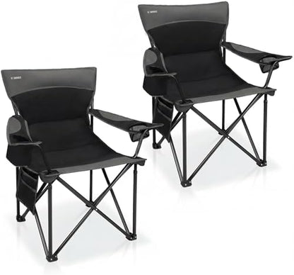 Oversized Camping Chair for Adults - 2 Pack Padded Lawn Chairs with Cup Holder & Side Pocket,Heavy Duty Folding Outdoor Chairs for Camp,Sports,Picnic,Beach,Black