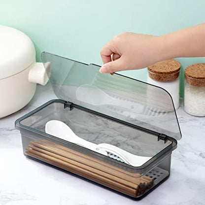 Flatware Tray Kitchen Drawer Organizer With Lid And Drainer - Plastic Kitchen Cutlery Tray and Utensil Storage Container with Cover - Dinnerware Holder for Spoons Forks Knives 10.0x4.3x2.8