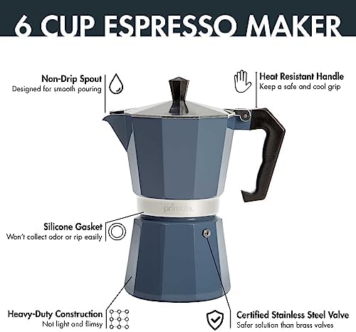 Primula Classic Moka Pot Stovetop Espresso and Coffee Maker, Italian and Cuban Cafetera for Rich Espresso Brewing, Durable Aluminum Greca Coffee Maker with Easy Grip Handle, 6-Cup, Blue