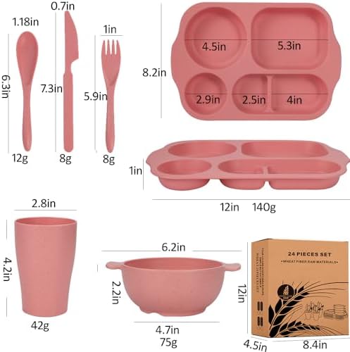 24 Pcs Wheat Straw Dinnerware Cutlery Sets,Unbreakable Divided Plates Bowls Cups Spoon Knife Fork for 4 People,Microwave Dishwasher Safe Tableware Cutlery for Party and Daily Use,Mix Color 3