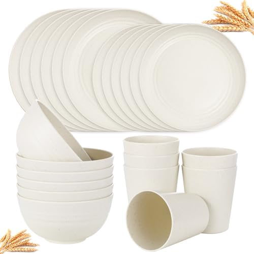 Supernal 24-Piece Beige Wheat Straw Dinnerware Set Unbreakable Plates