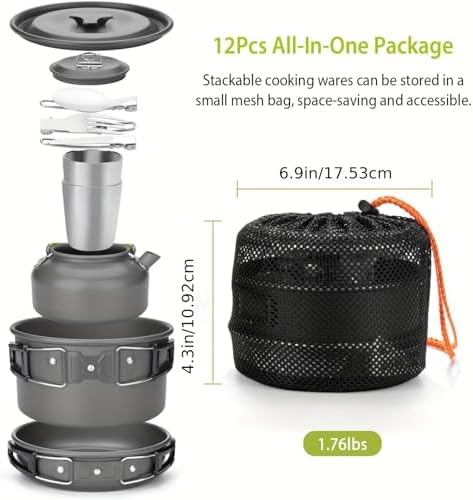 Camping Cookware Set(Green), Portable Backpacking Gear with Kettle, Pot, Pan, Cups & Foldable Cutlery, Lightweight Outdoor Cooking Kit for 2-3 People, Ideal for Hiking, Picnic & Camping