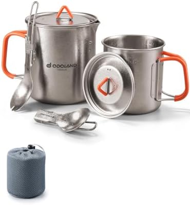 Odoland Titanium Camping Cookware 420ML & 750ML Titanium Pot with Lid and Spork Lightweight Camping Pot for Backpacking Hiking Traveling and Picnic