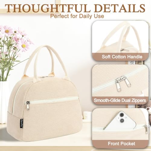 FlowFly Lunch Bag for Women Insulated Lunch Box Corduroy Lunch Tote Cooler for Travel Work Picnic,Corduroy Beige