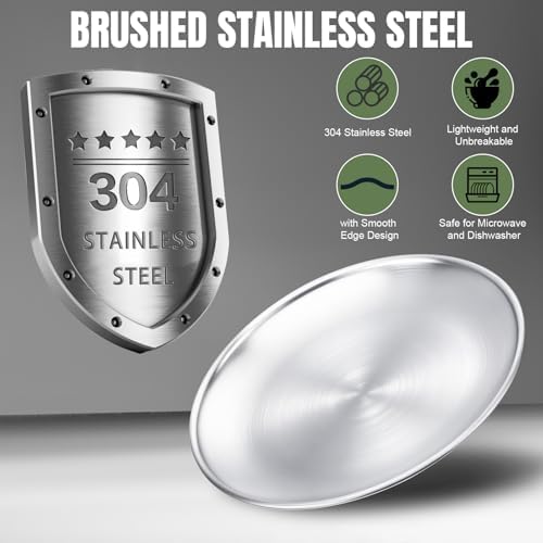 Jinei 42 Pcs 304 Stainless Steel Dinnerware Set 10 Inch 7 Inch Stainless Steel Plates Bowls Cups Forks Spoons and Knives Sets Reusable Metal Camping Dinnerware for Home Outdoor Picnic Kitchen