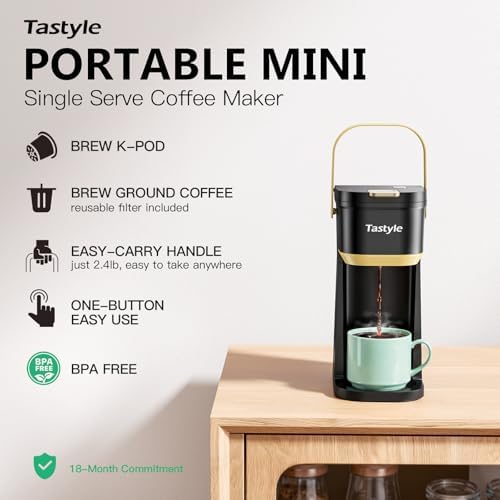 Tastyle Mini Single Serve Coffee Maker for K Cups and Grounds with Handle