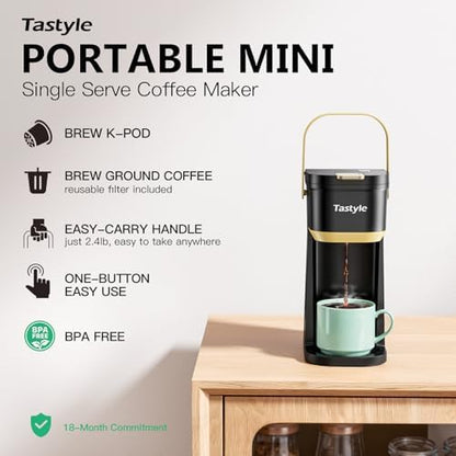 Tastyle Mini Single Serve Coffee Maker for K Cups and Grounds with Handle