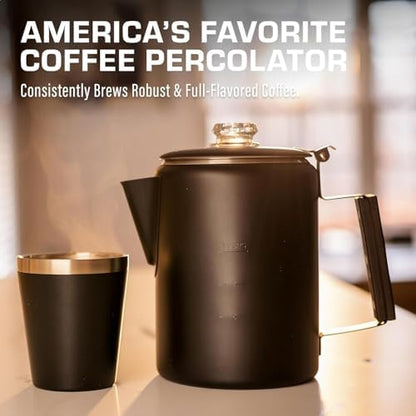 COLETTI Bozeman & Scouts Coffee Serving Sets — Percolator Coffee Pot Camping Coffee Maker & Double Walled Stainless Steel Cups — NO Aluminum or Plastic [9 Cup Percolator, 10 oz Cups] (Black)