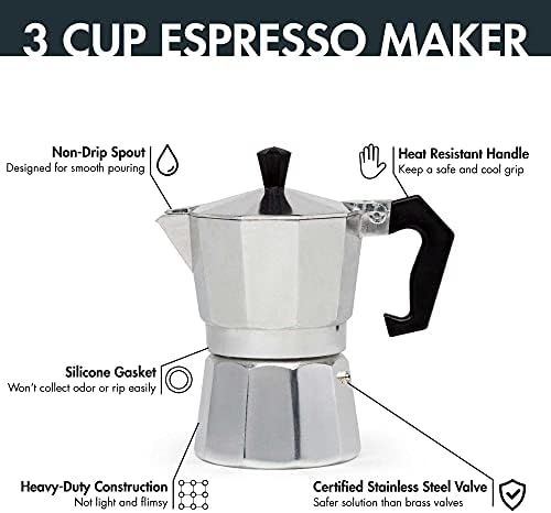 Primula Classic Stovetop Espresso and Coffee Maker, Moka Pot for Italian and Cuban Café Brewing, Greca Coffee Maker, Cafeteras, 3 Espresso Cups, Silver